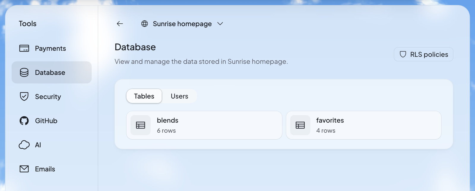 Build’s Tools with Database open: the website’s tables, blends and favorites, with their row counts, and the Tables and Users switch.