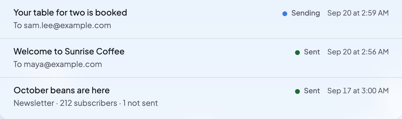 The emails a website sent: a booking confirmation, a welcome email and a newsletter, each with its status and date.