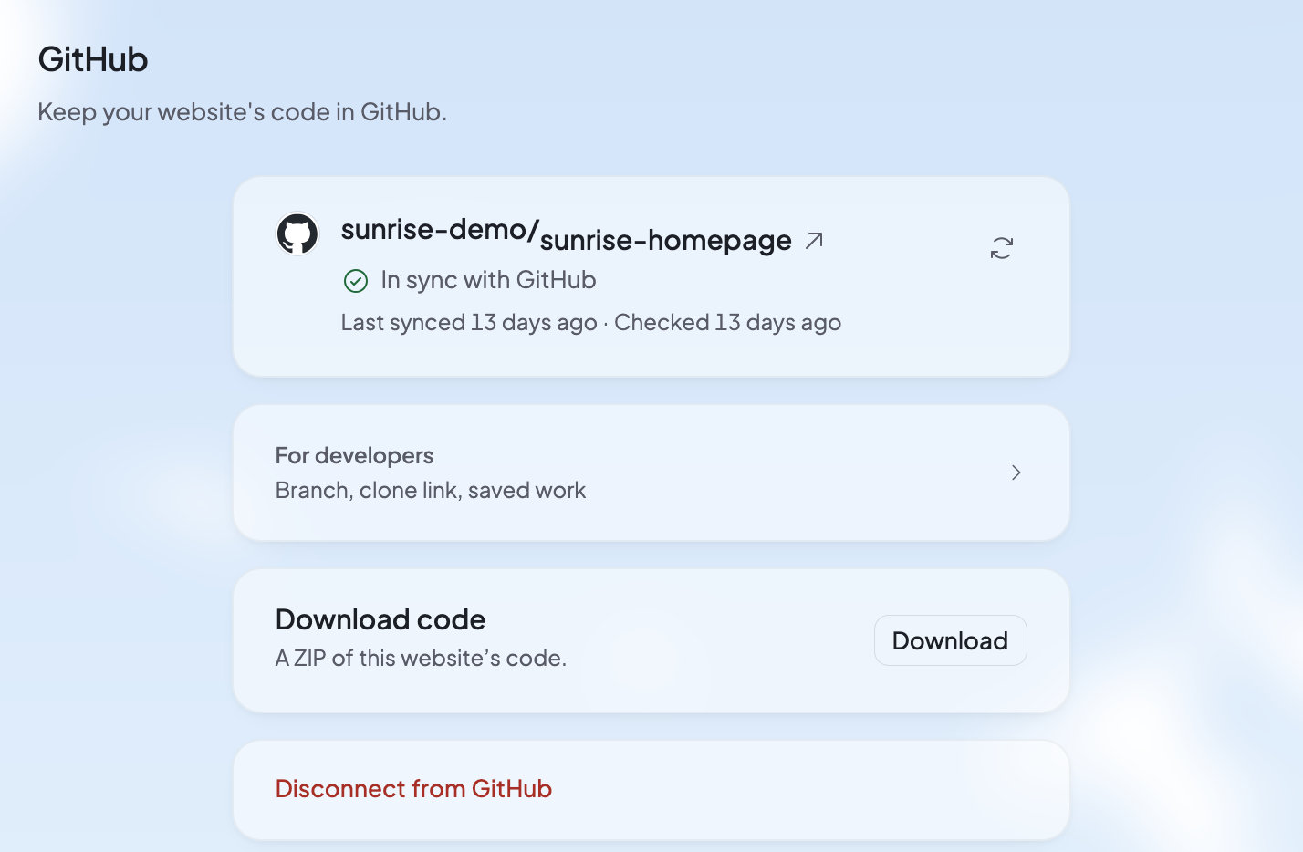 The GitHub tool for a connected website: its repository, In sync with GitHub, For developers, Download code and Disconnect from GitHub.