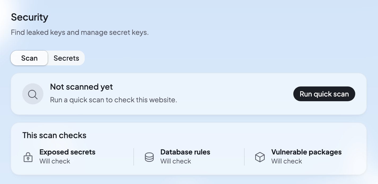 The Security tool before a scan: Not scanned yet with a Run quick scan button, and the three things the scan checks.