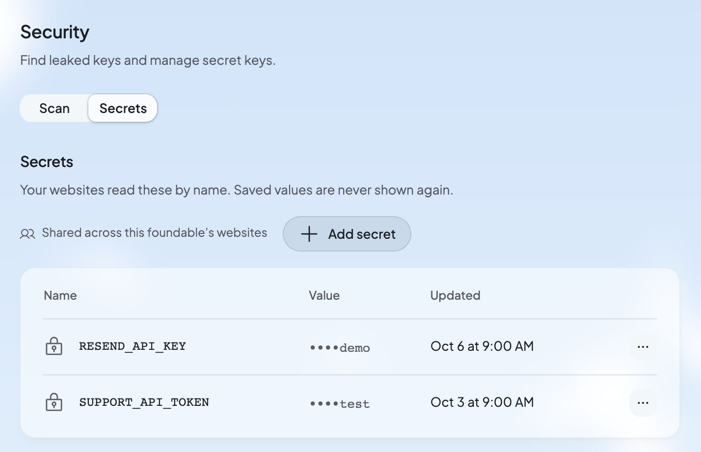 The Secrets section of Security: two secret keys listed by name with hidden values, and an Add secret button.