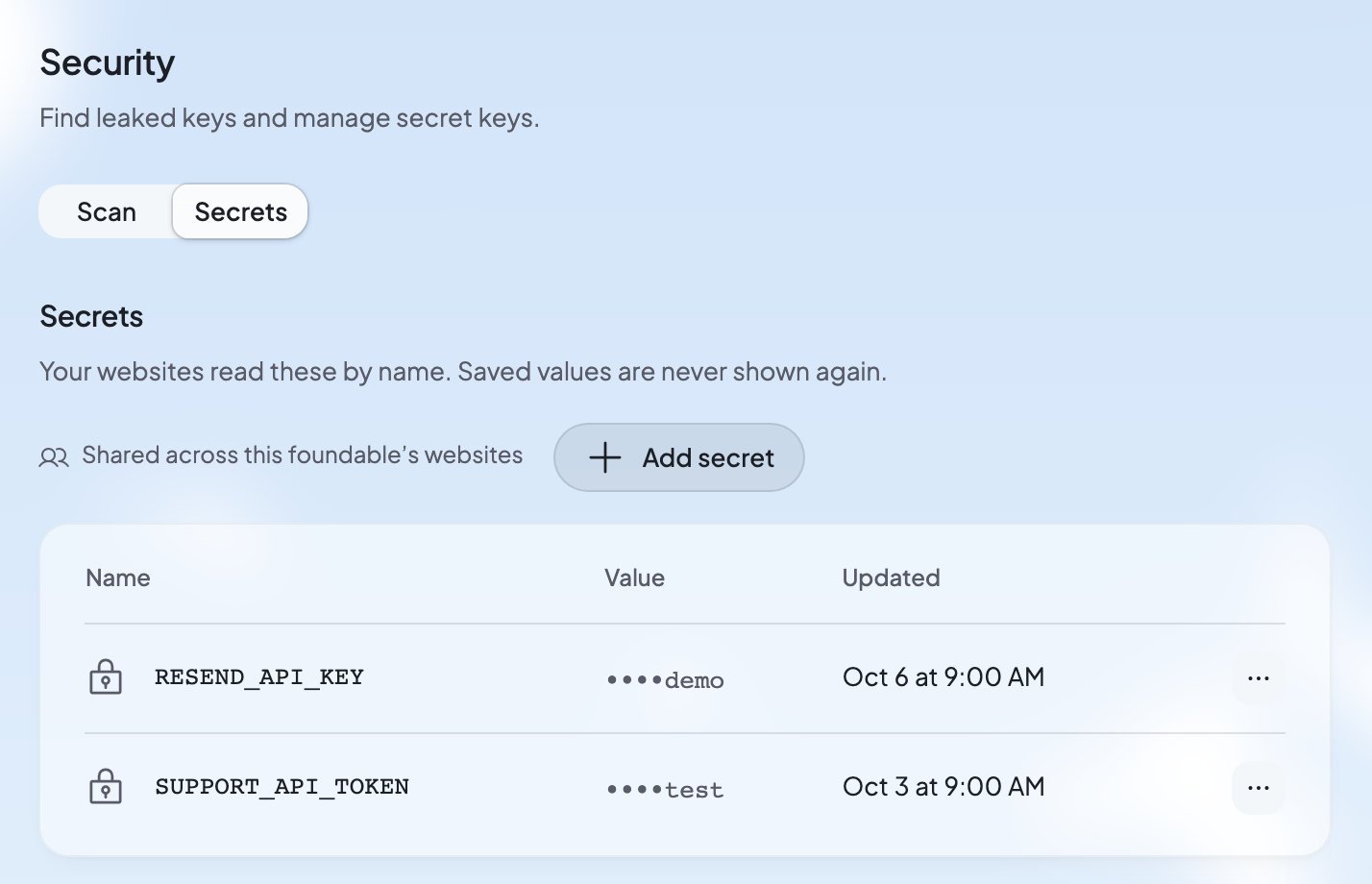 The Secrets section of Security: two secret keys listed by name with hidden values, and an Add secret button.
