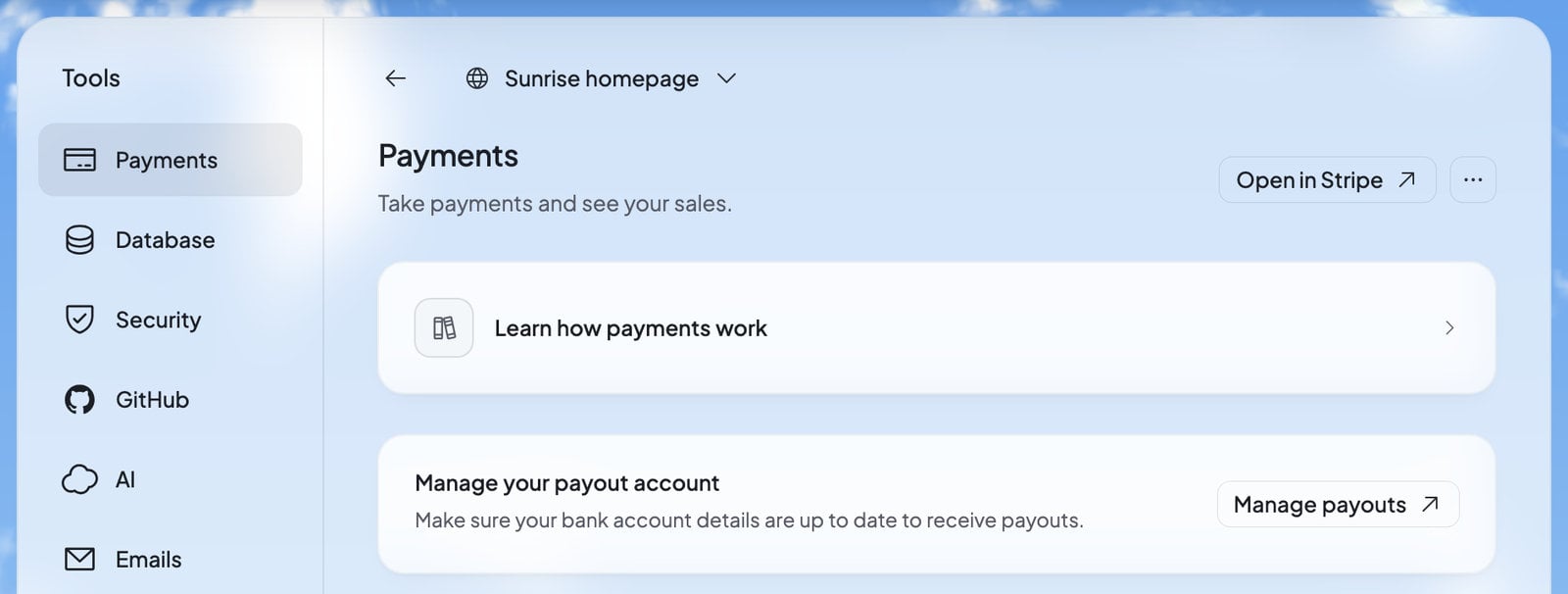 Build’s Tools list with Payments, Database, Security, GitHub, AI and Emails, and the Payments tool open beside it.