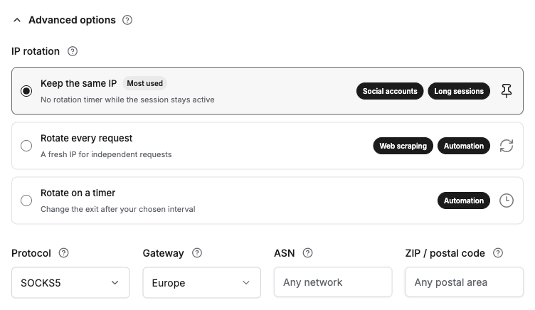 ProxyLane Advanced options with Keep the same IP selected, Protocol SOCKS5, and Gateway Europe