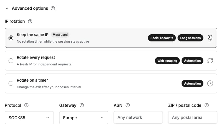ProxyLane Advanced options with Keep the same IP selected, Protocol SOCKS5, and Gateway Europe