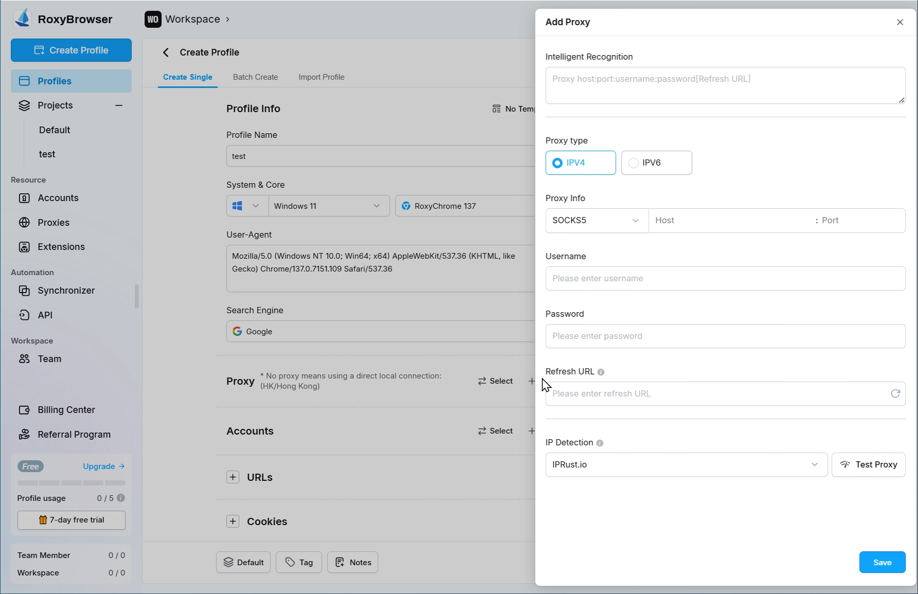 RoxyBrowser Add Proxy panel with Intelligent Recognition, Proxy type IPV4, Proxy Info set to SOCKS5 with Host and Port, Username, Password, Refresh URL and IP Detection with Test Proxy