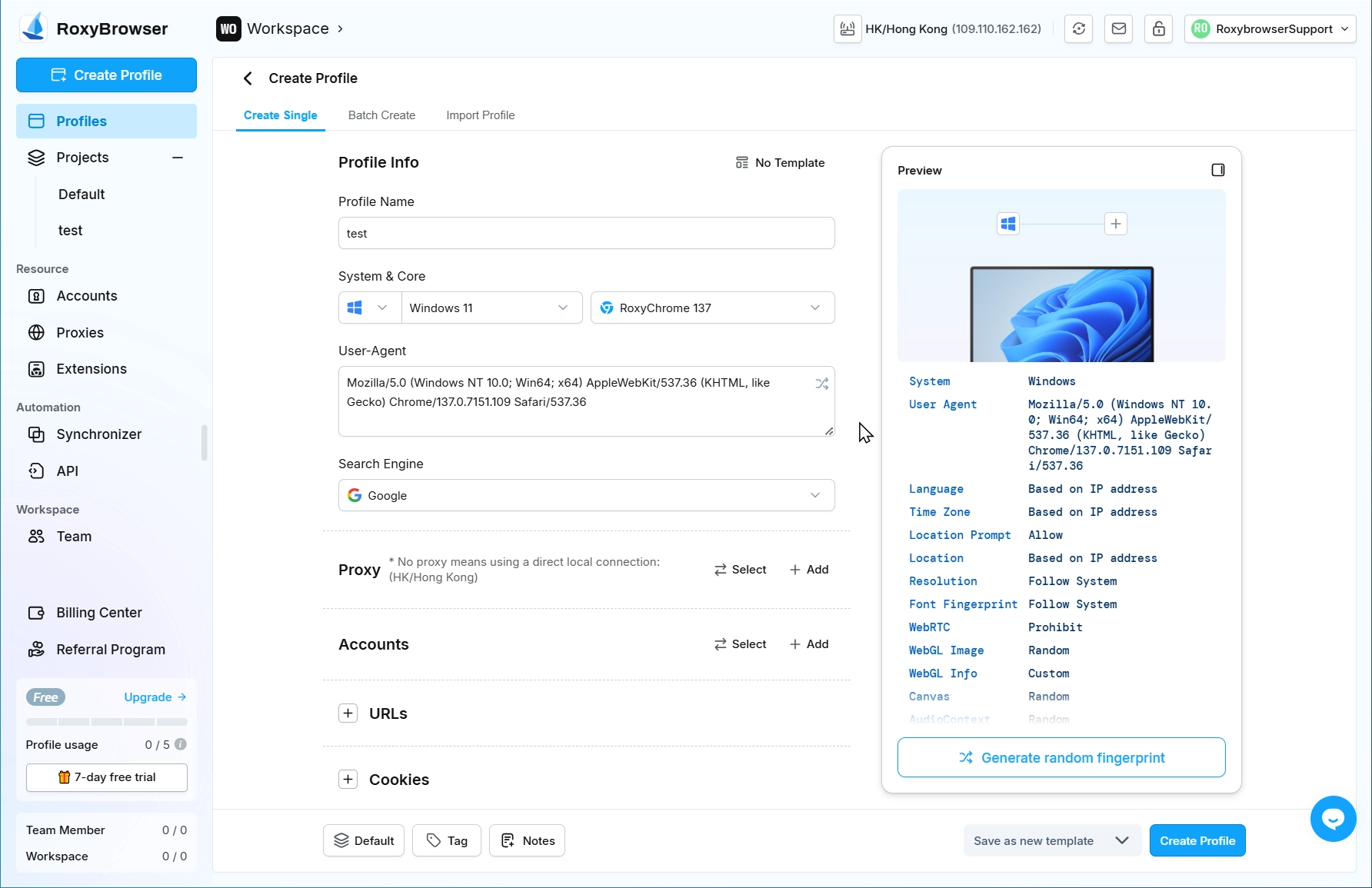RoxyBrowser Create Profile form with Profile Name, System and Core, User-Agent and the Proxy section with Select and Add