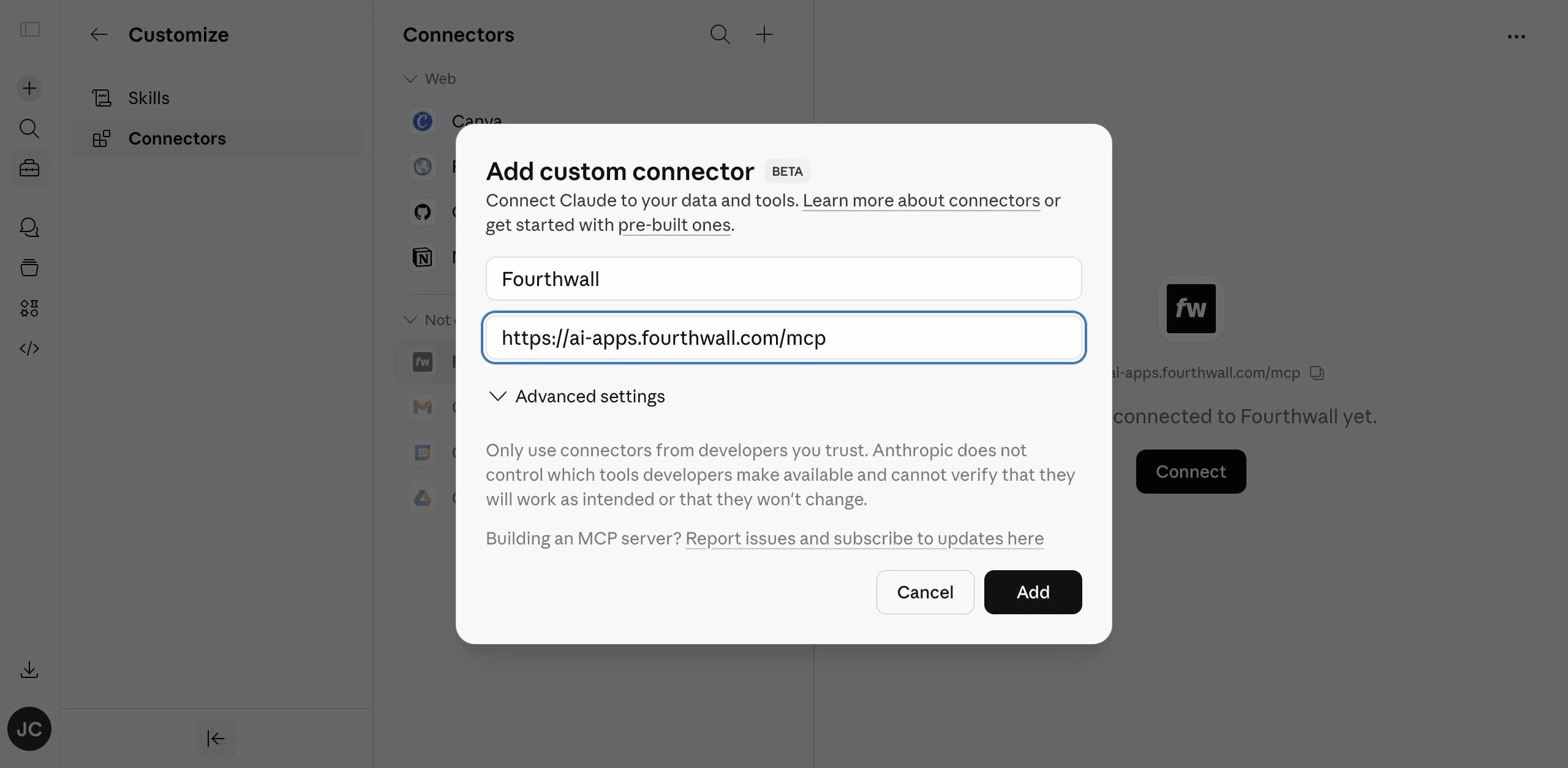 Add custom connector dialog with Name set to Fourthwall and Server URL set to https://ai-apps.fourthwall.com/mcp
