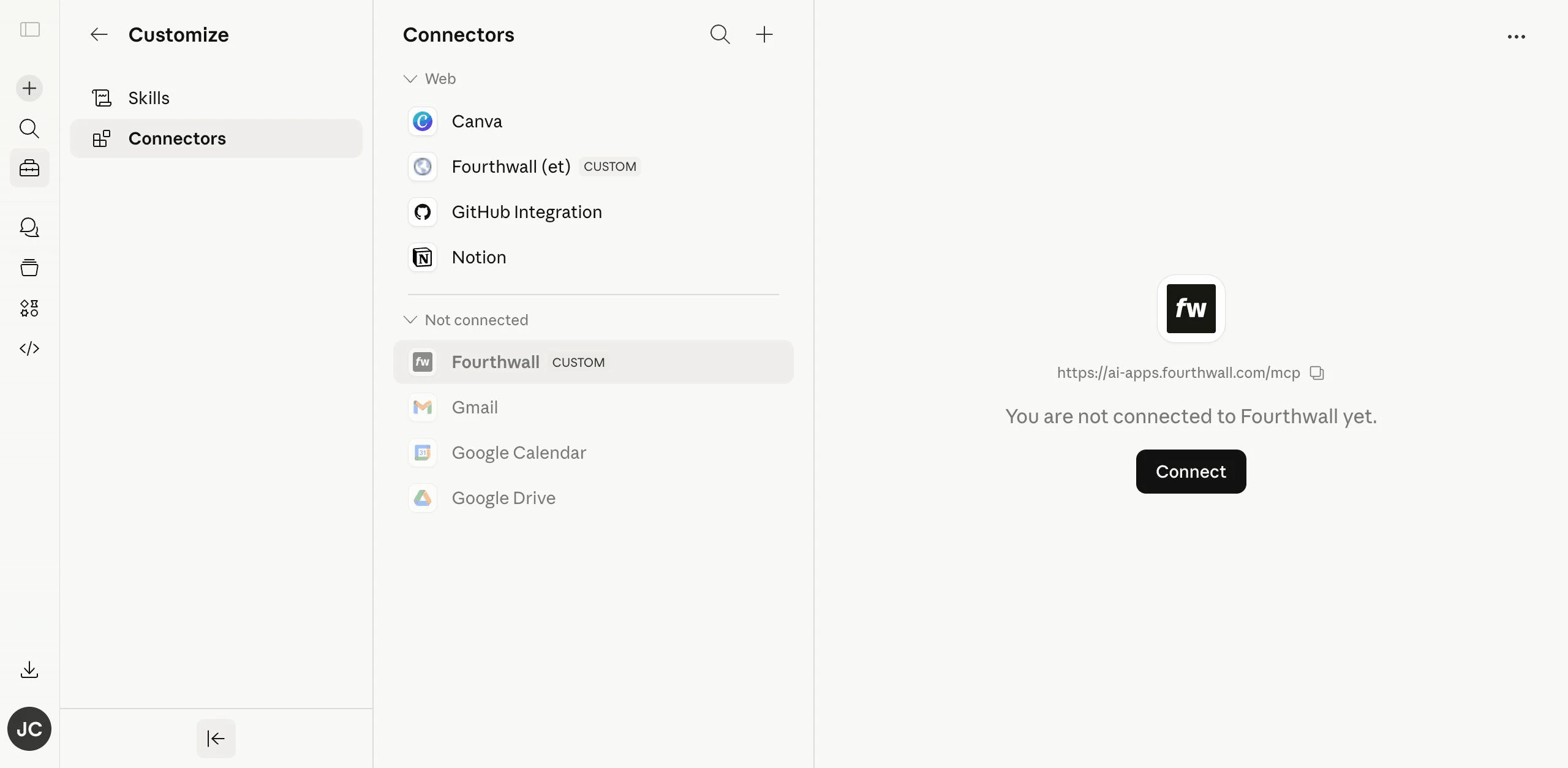 Fourthwall connector page showing 'You are not connected to Fourthwall yet' and a Connect button