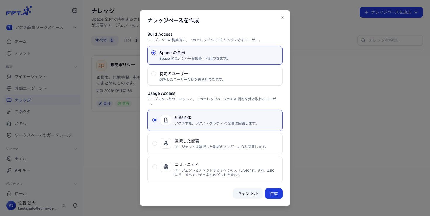 ナレッジベースのフォームにある 2 つの権限グループ