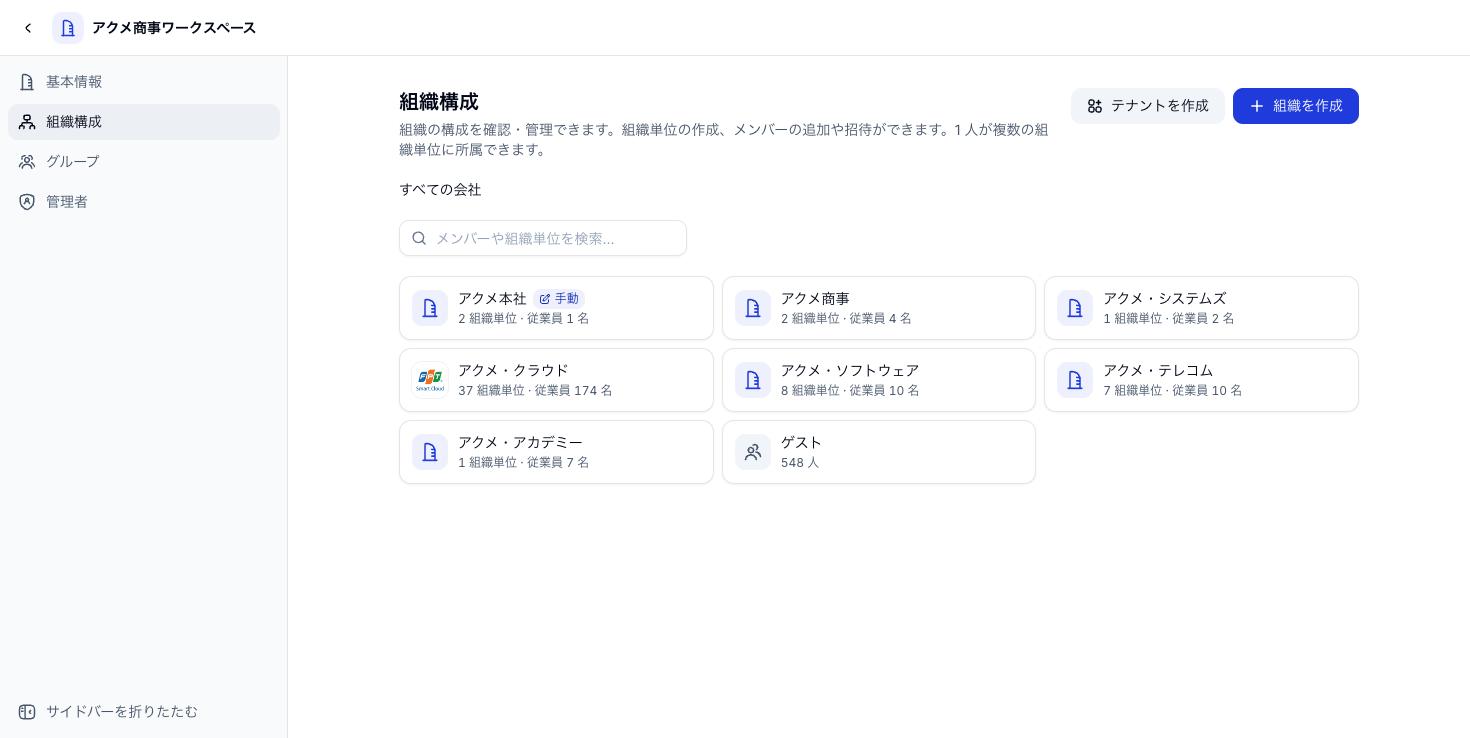 組織管理の会社・部門ツリー
