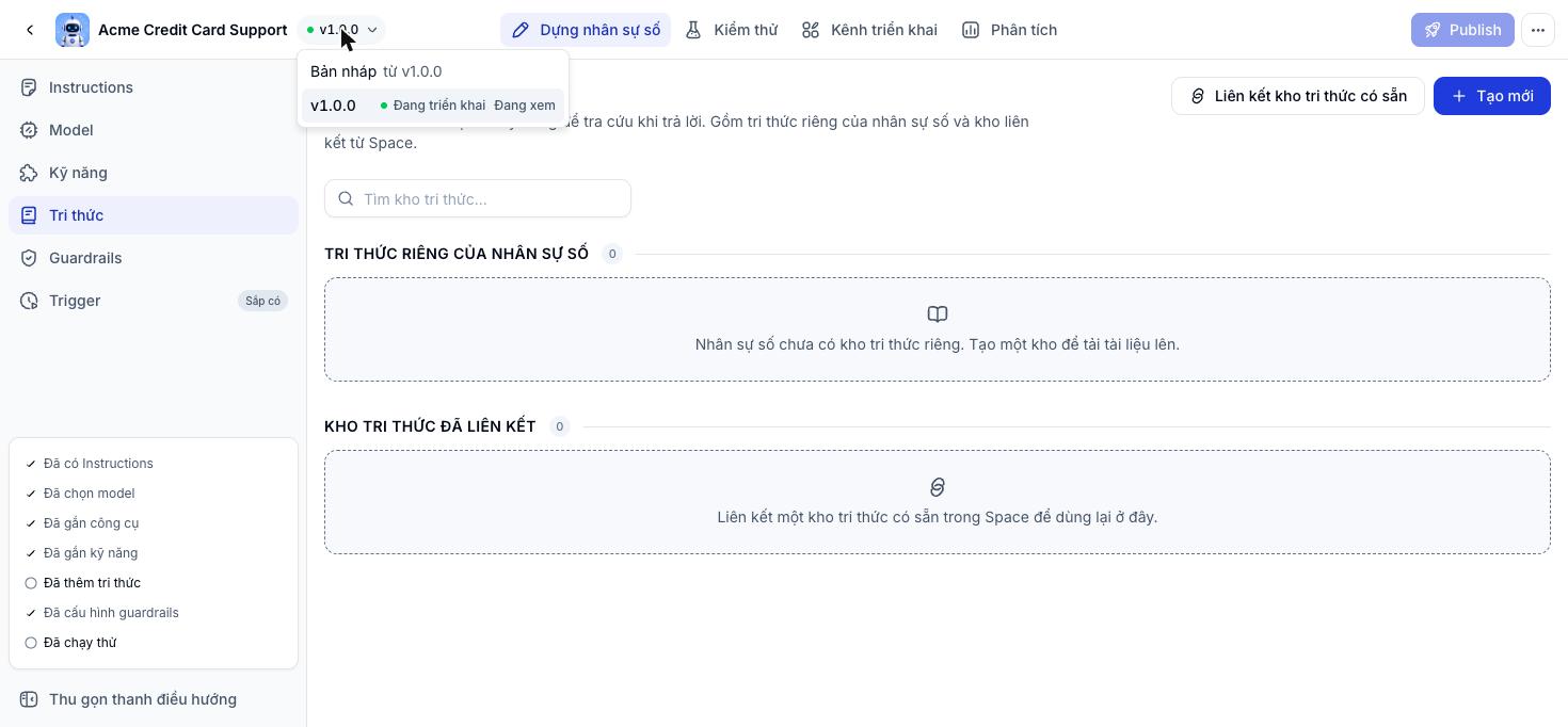 Màn hình Tri thức của Agent kèm bộ chọn phiên bản