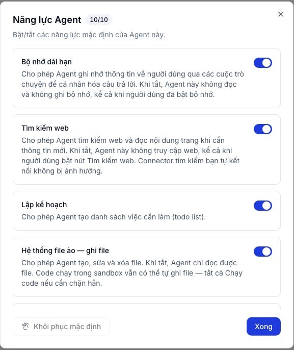 Hộp thoại Năng lực Agent