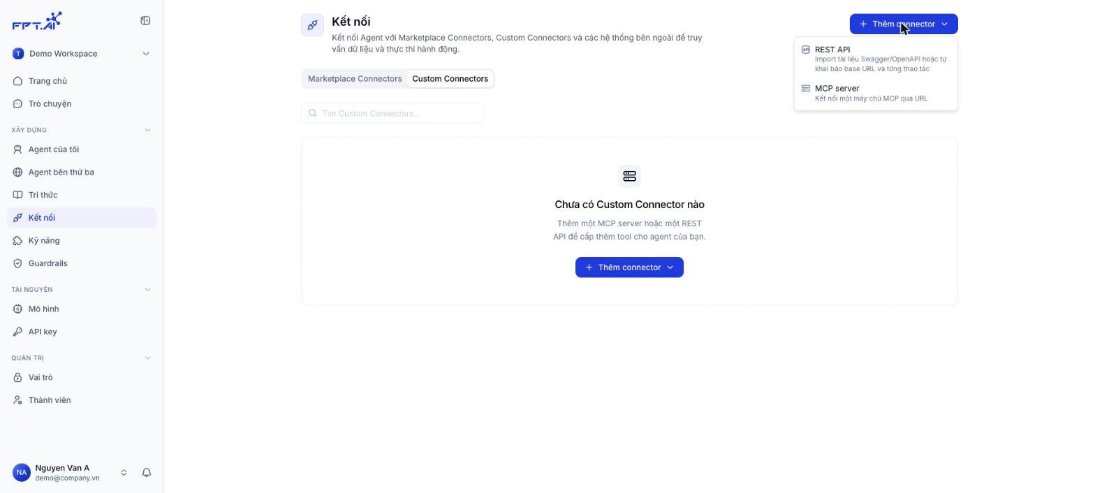 Menu Thêm connector với hai lựa chọn REST API và MCP server