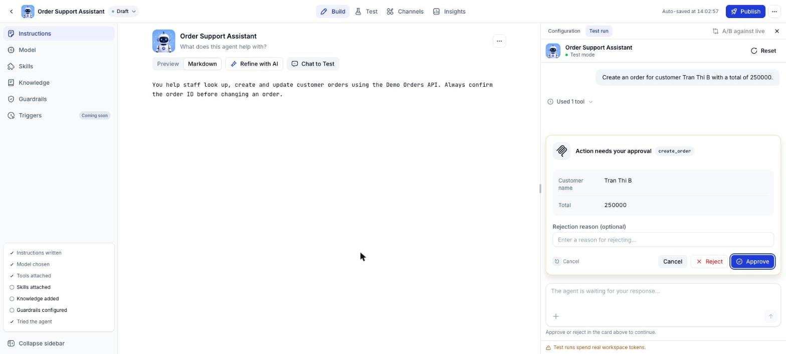 Action needs your approval card for create_order