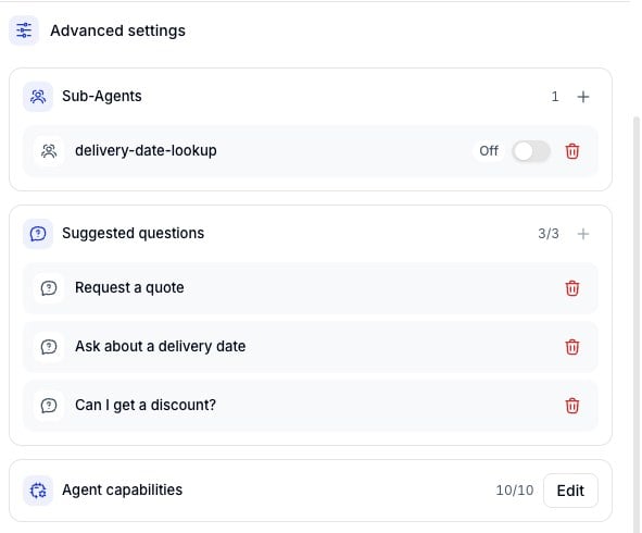 Agent capabilities row in the Configuration column