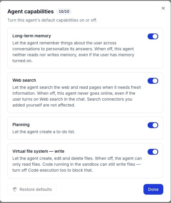 Agent capabilities dialog