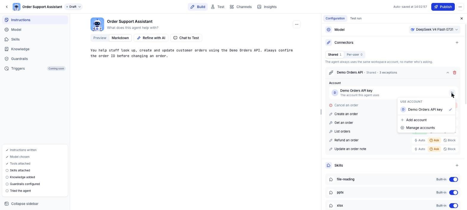 Account menu for a Shared Connector
