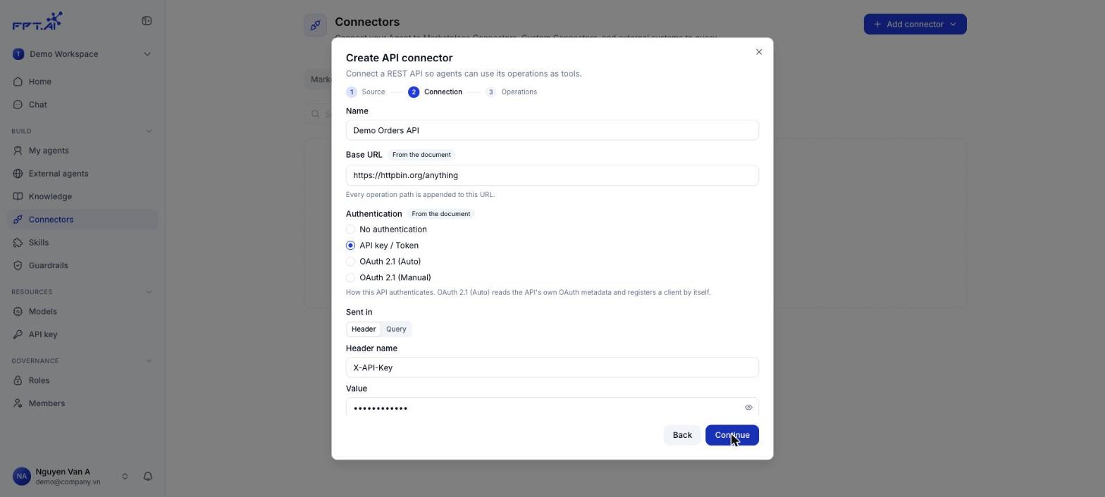 Connection step with the base URL and authentication taken from the document