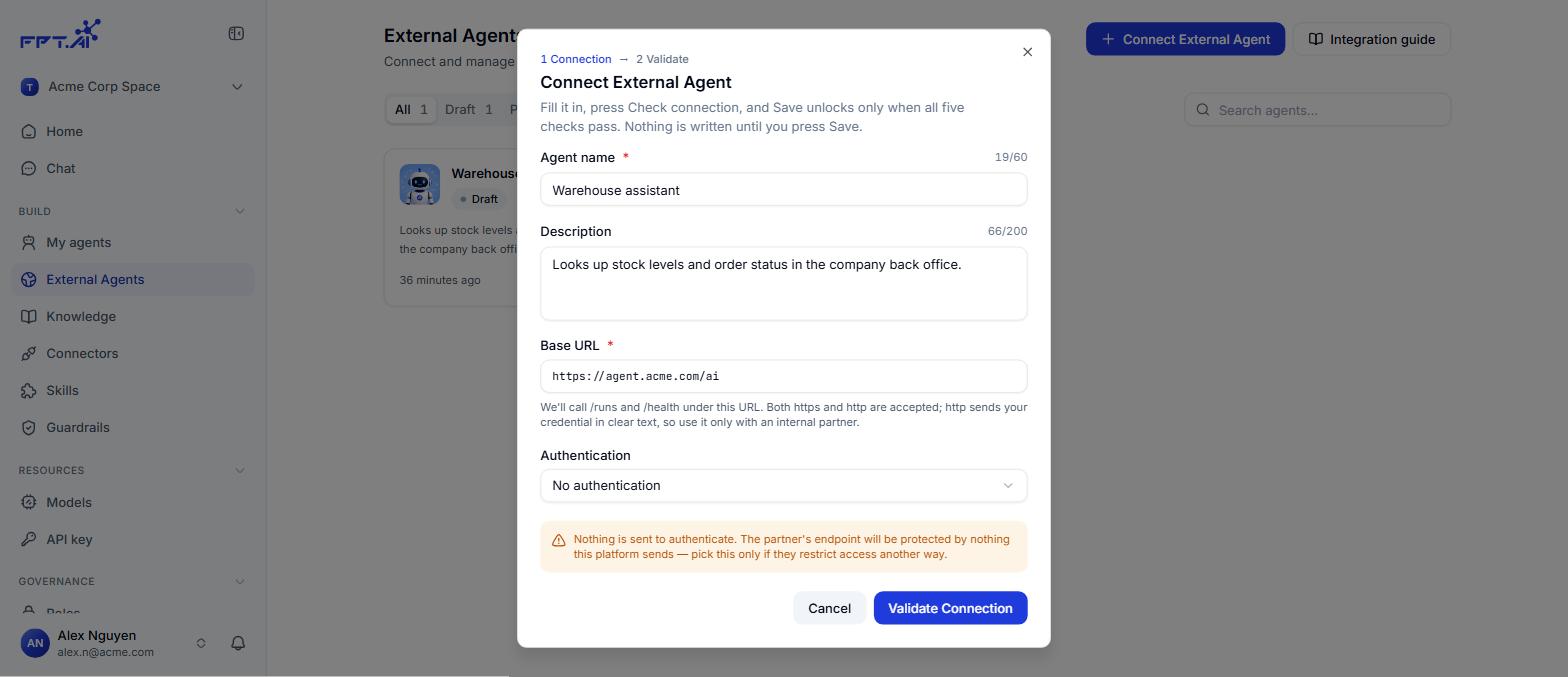 The Connect External Agent form