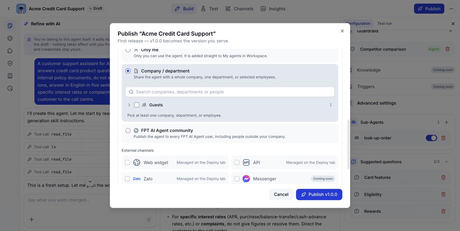 Choosing companies and departments when publishing
