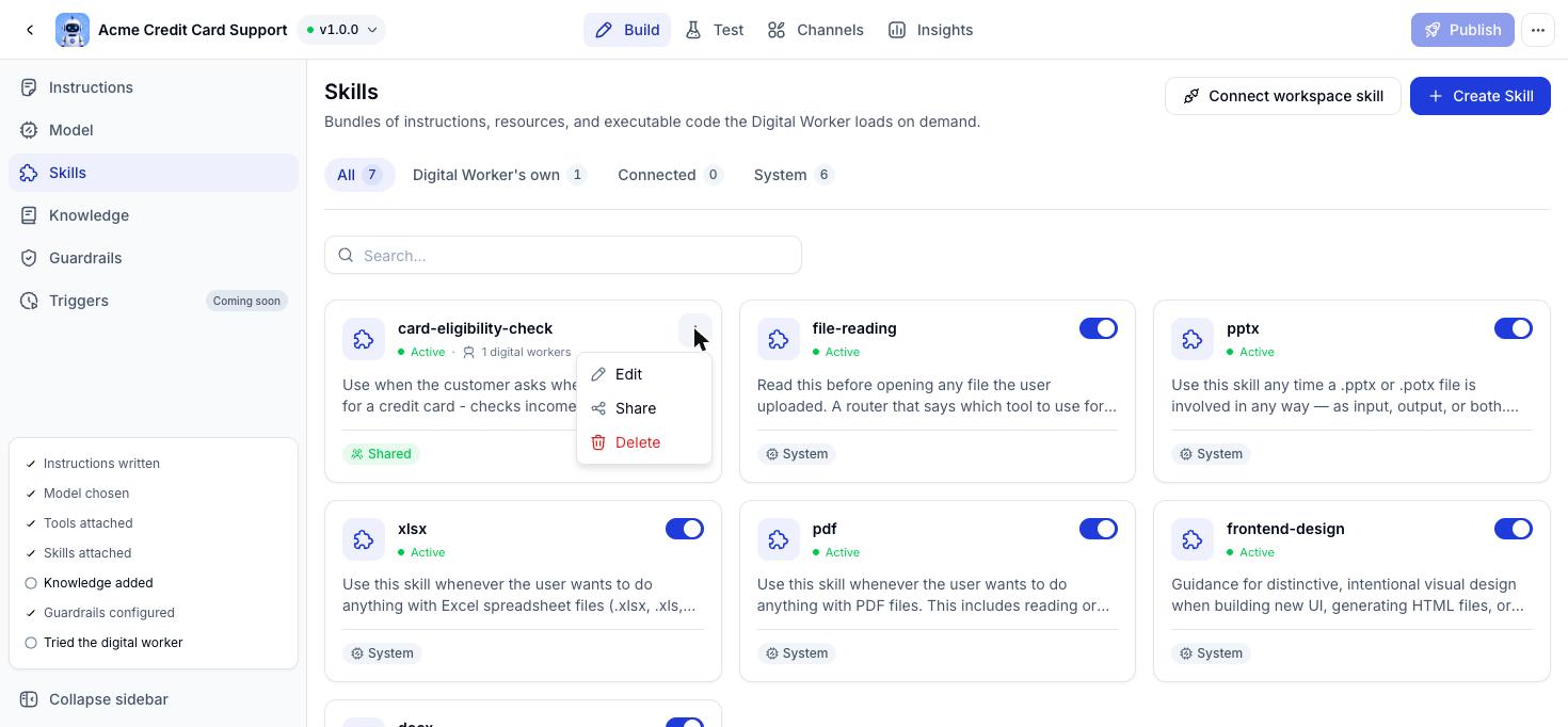 The Skills catalogue with the actions menu of a shared skill open