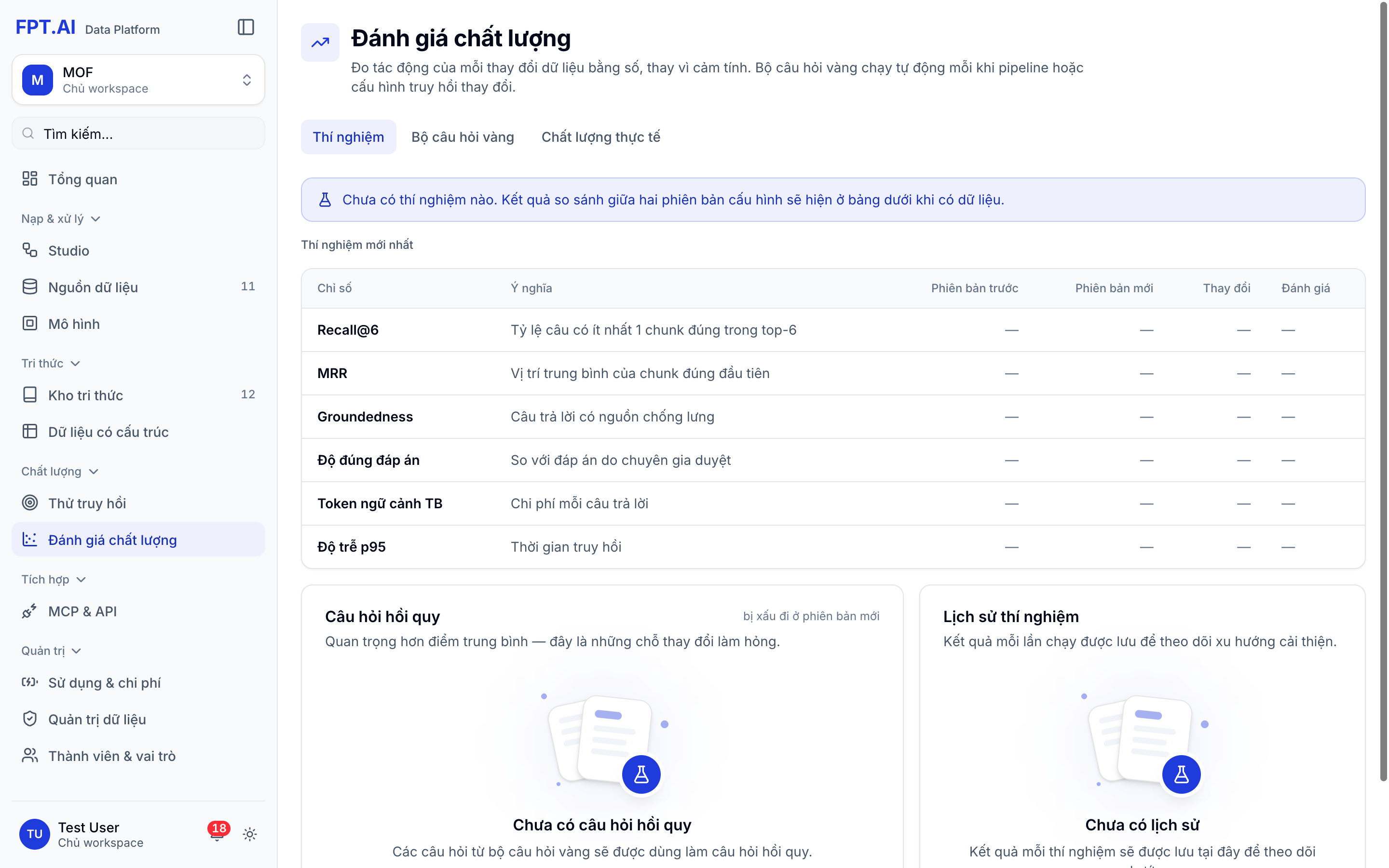 Màn Đánh giá chất lượng (mở mặc định ở tab Thí nghiệm)