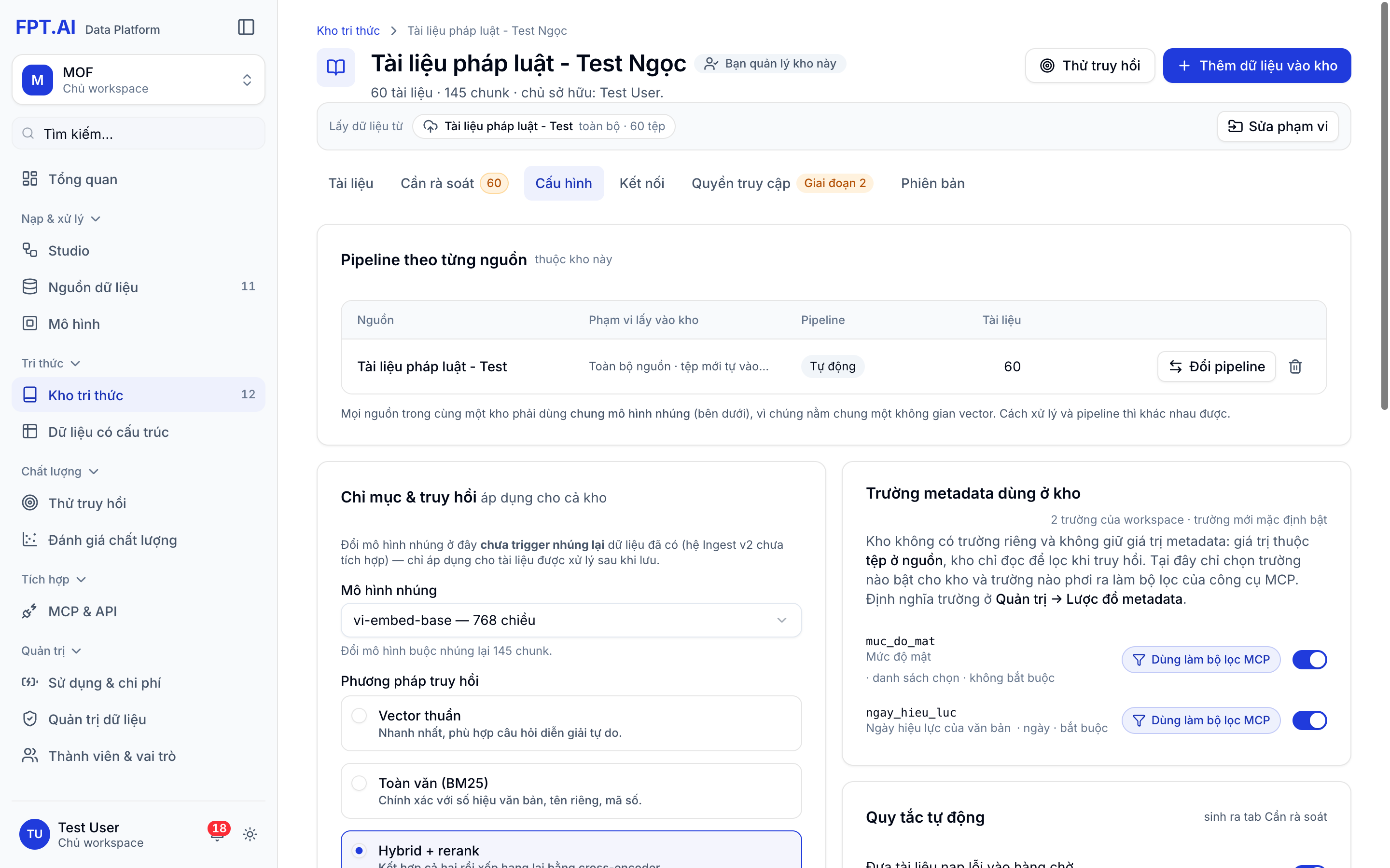 Tab Cấu hình của kho – pipeline, chỉ mục & truy hồi, trường metadata