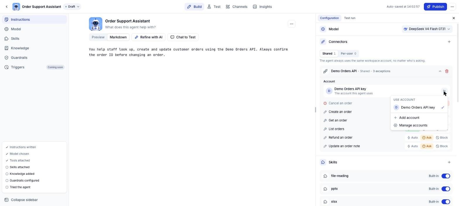 Account menu for a Shared Connector