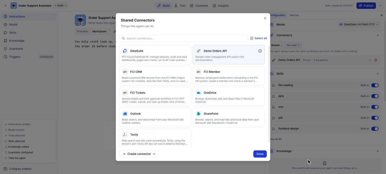 Shared Connectors picker with Demo Orders API selected