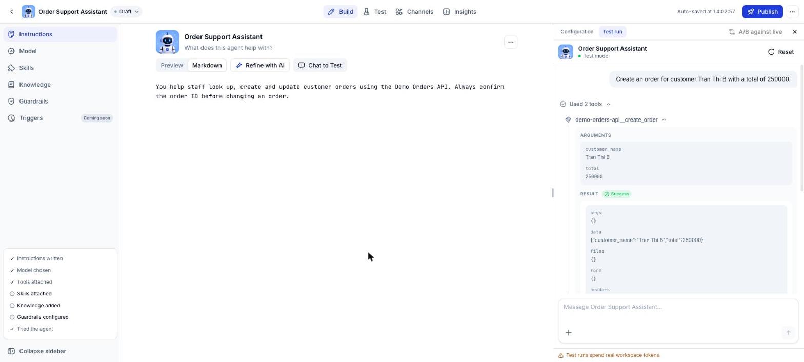 Details of the create_order call with arguments and result