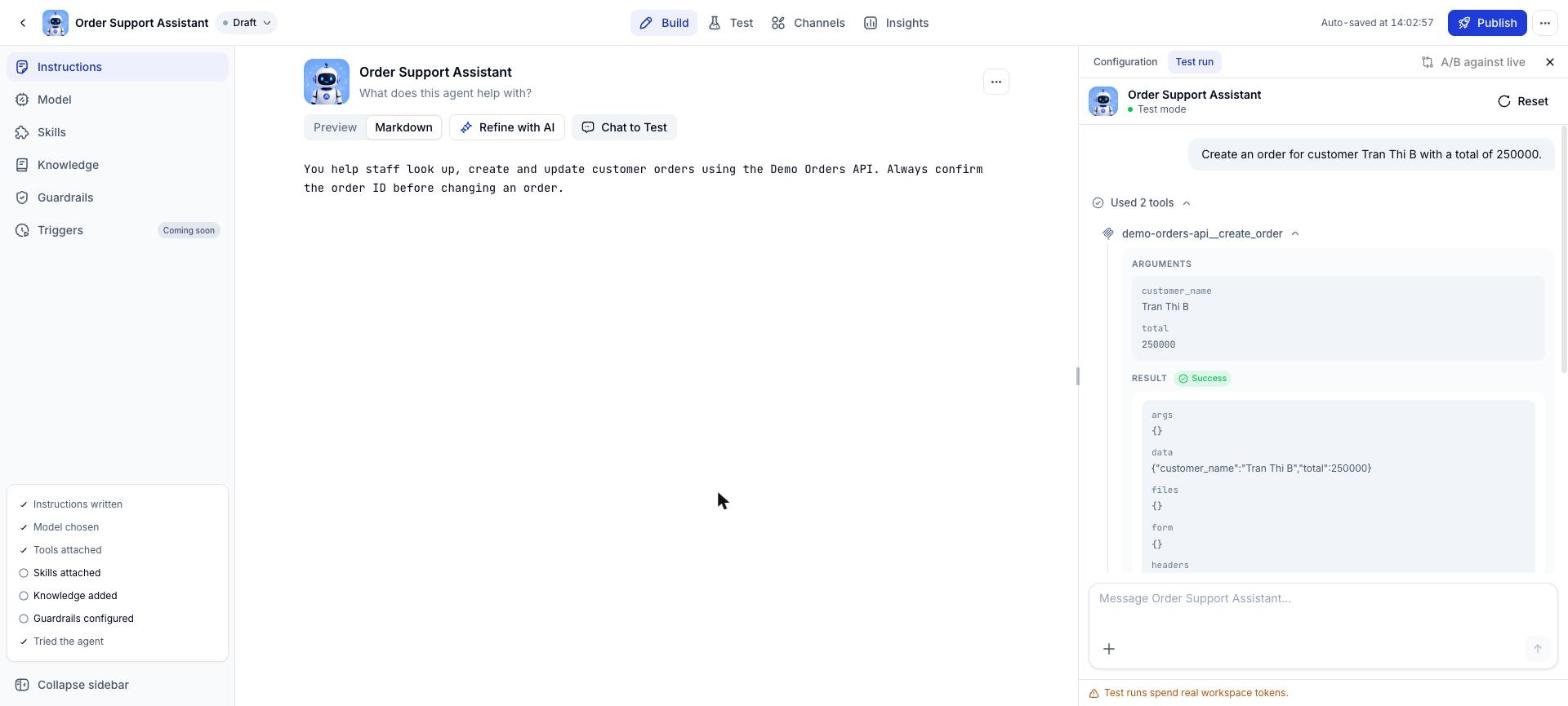 Details of the create_order call with arguments and result
