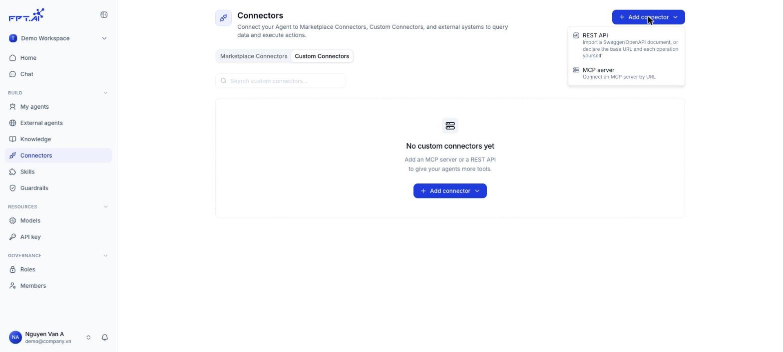 Add connector menu with REST API and MCP server