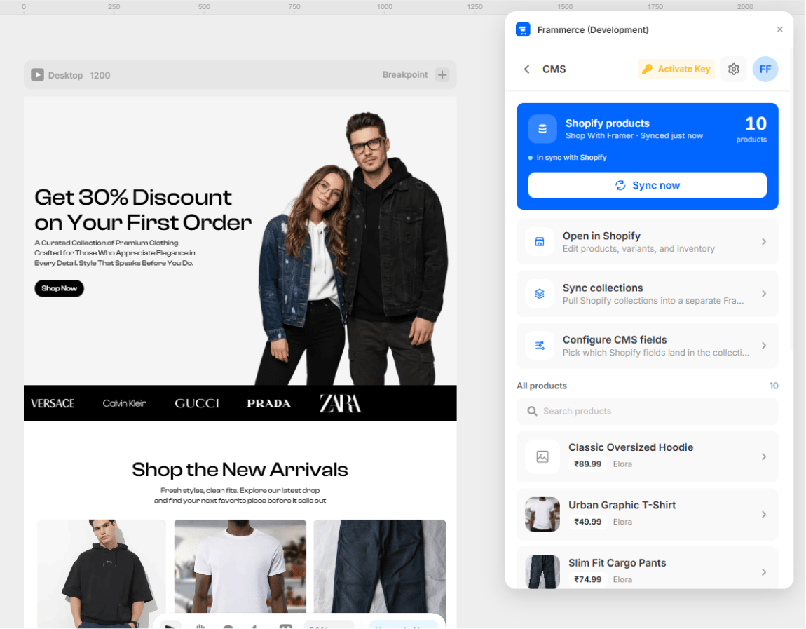 Frammerce CMS screen