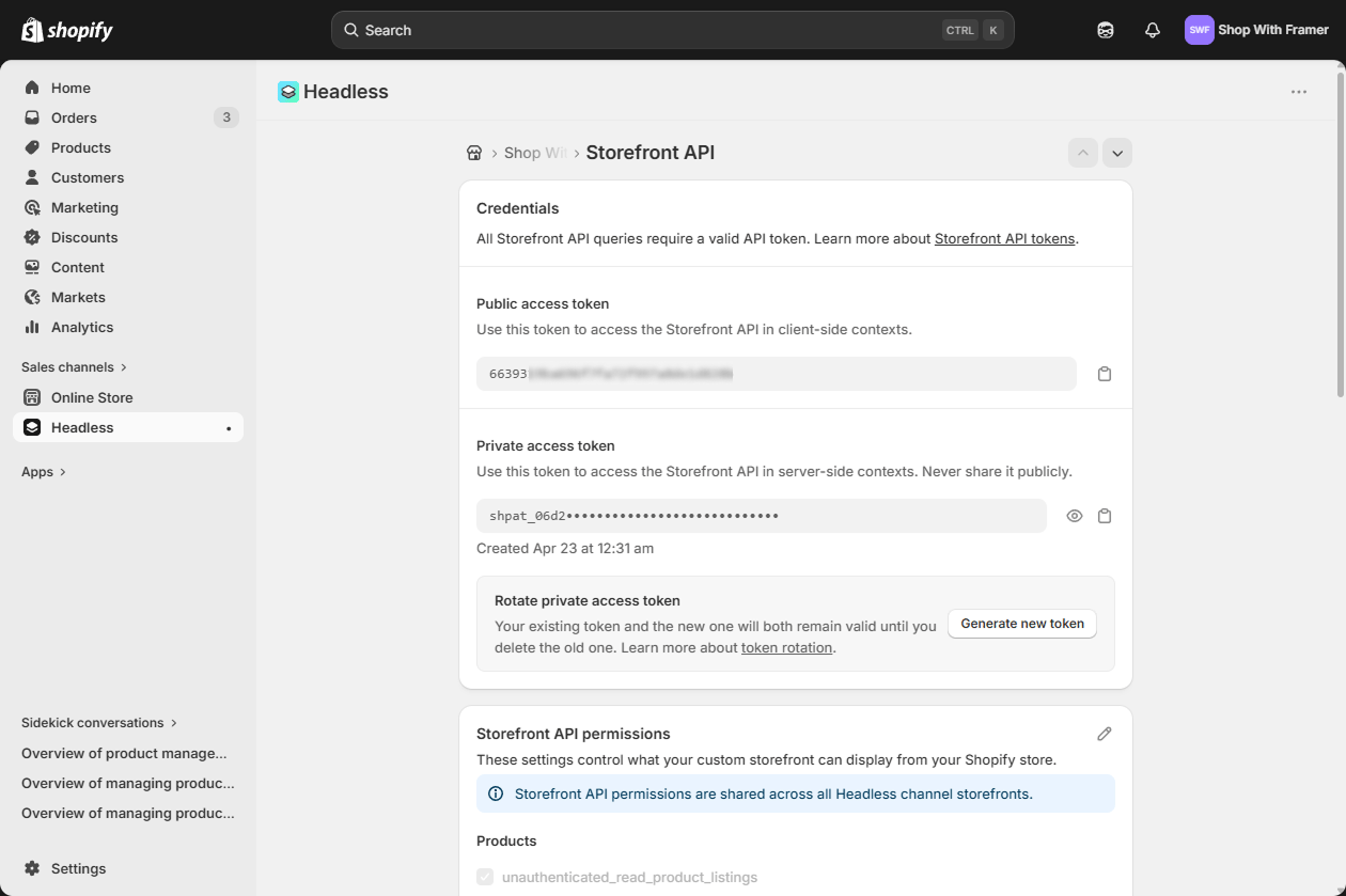 Copying the public Storefront API access token from the Headless storefront overview