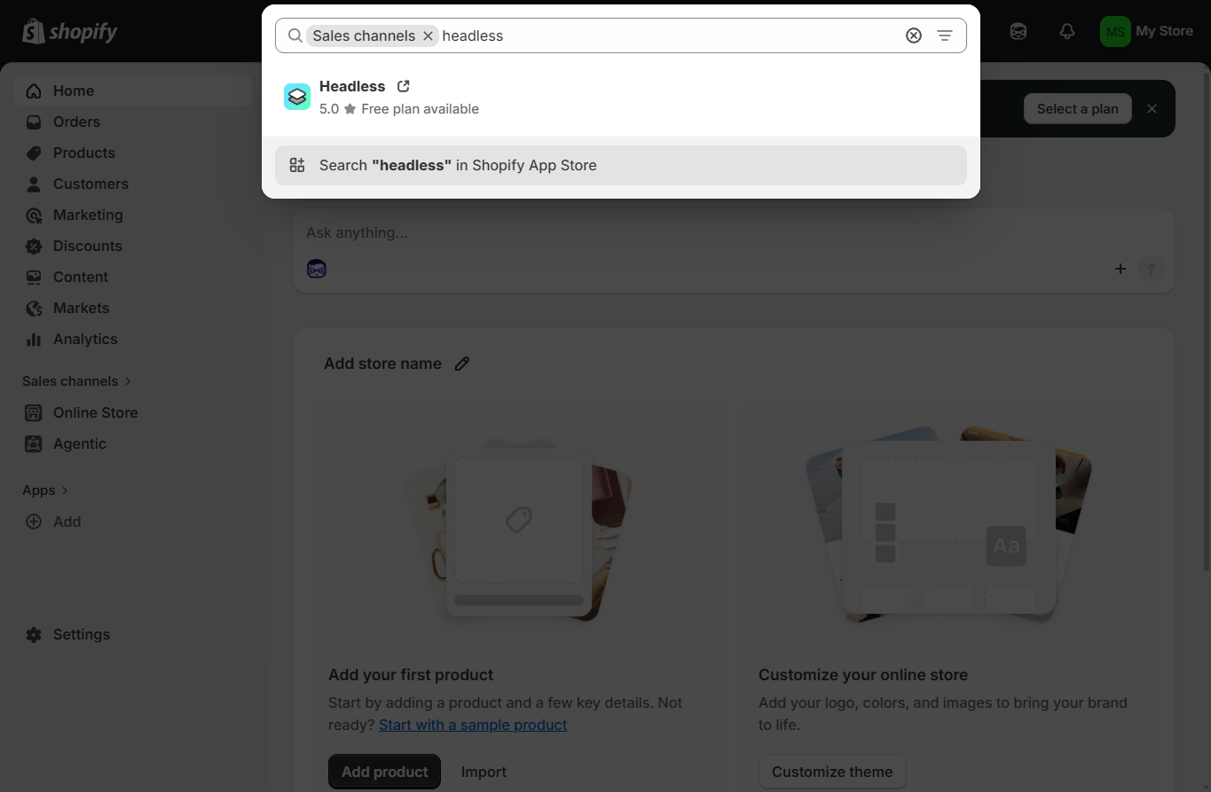 Searching for the Headless sales channel from the Shopify admin search bar