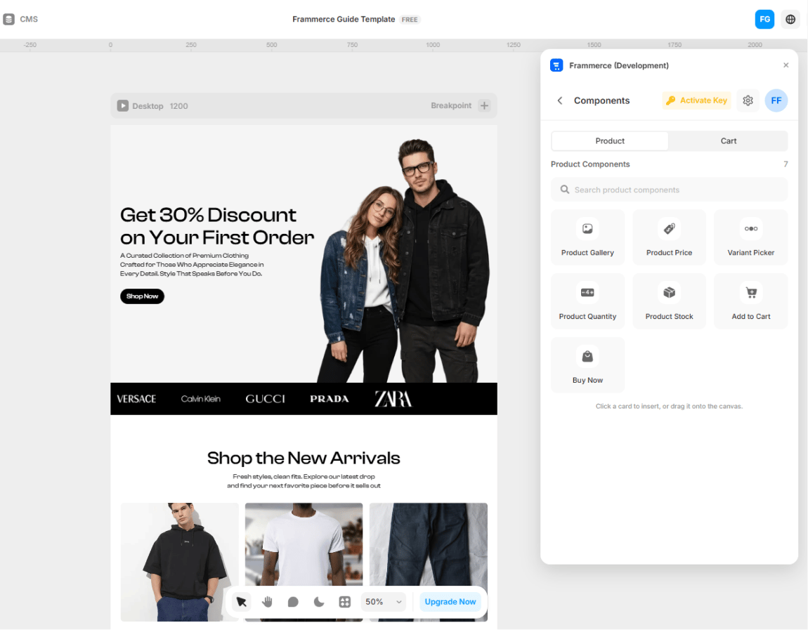 Frammerce Components screen with Product tab active
