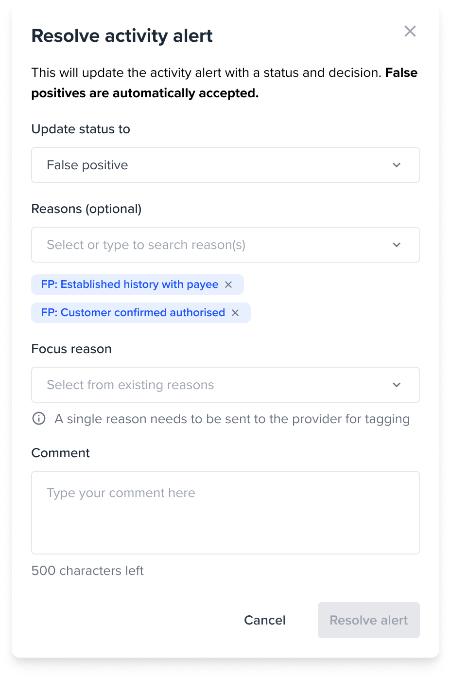 Alert marked as resolved with updated status indicator and reasons