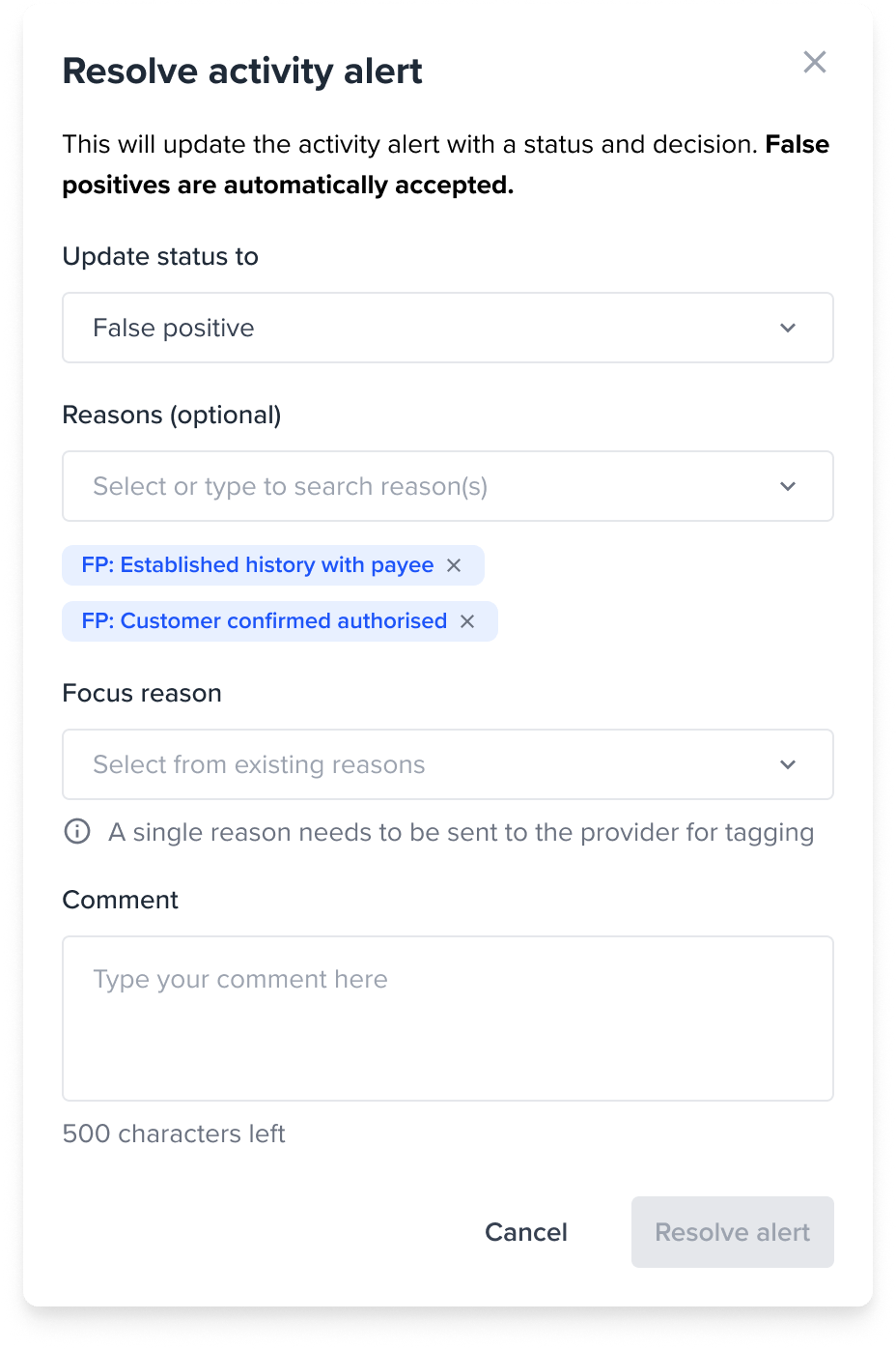 Resolve activity alert Alert marked as resolved with updated status indicator and reasons