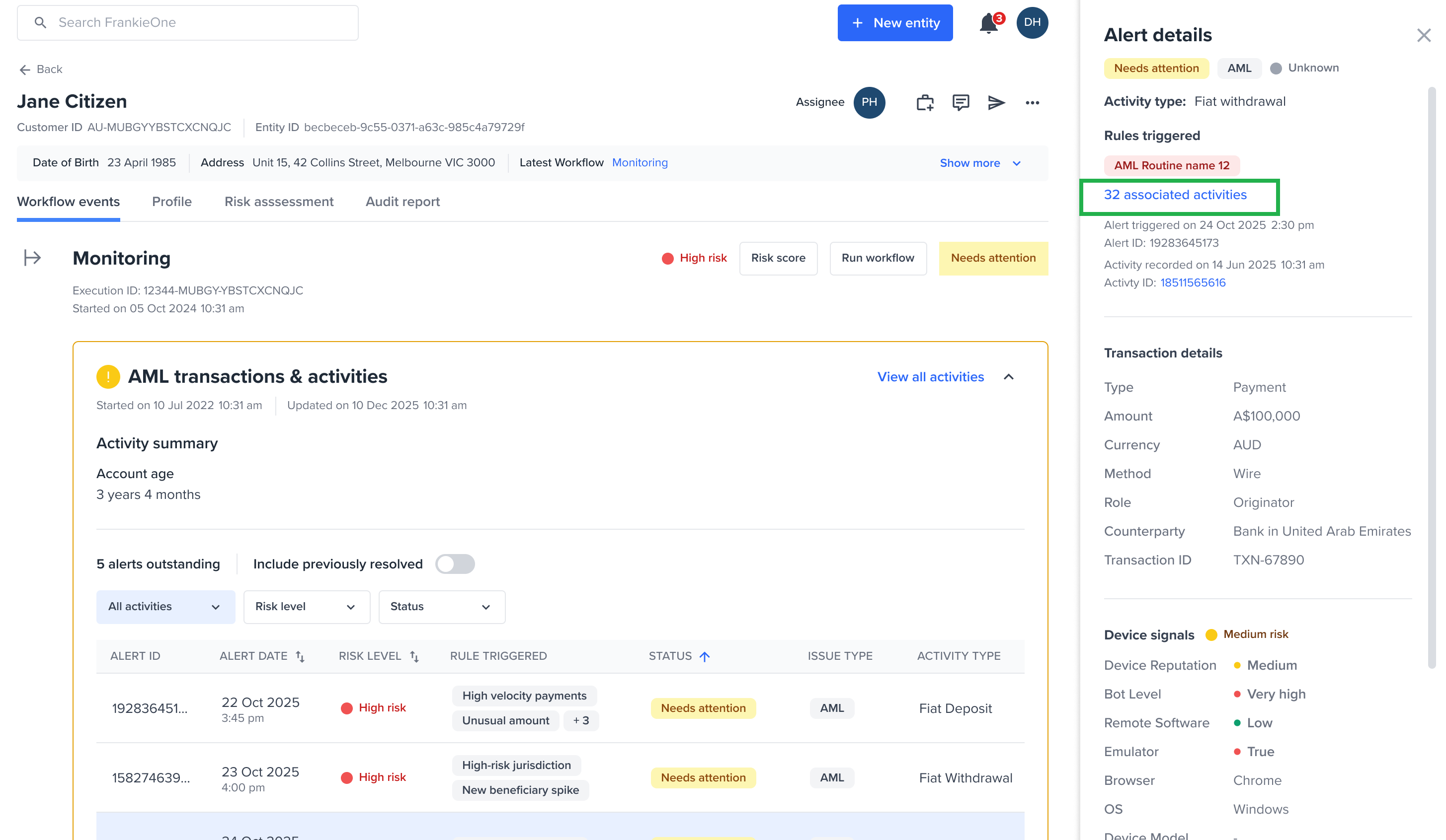 Alert details drawer with associated activities