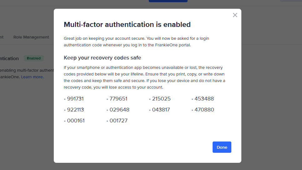 Recovery codes for MFA.