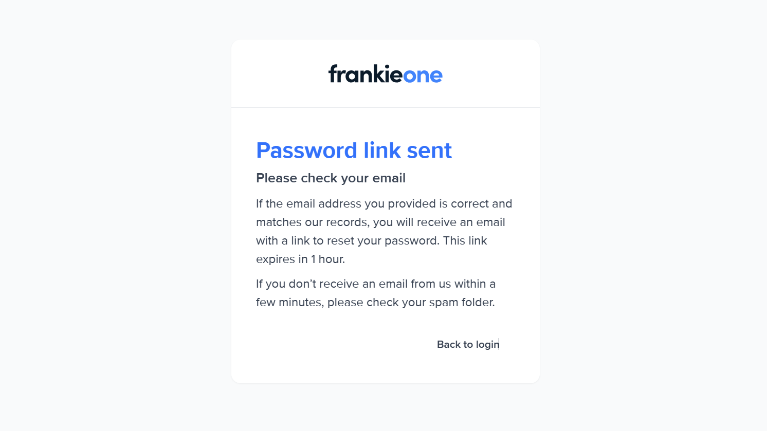 Password reset link sent confirmation.