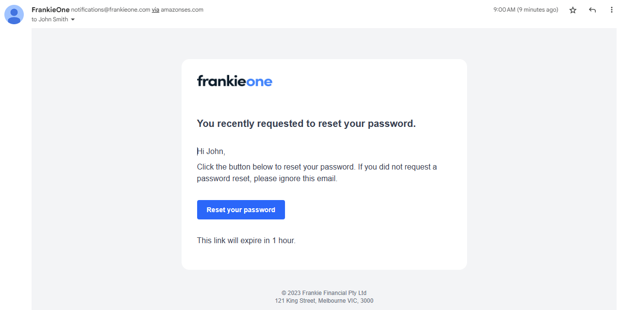 Password reset link email.