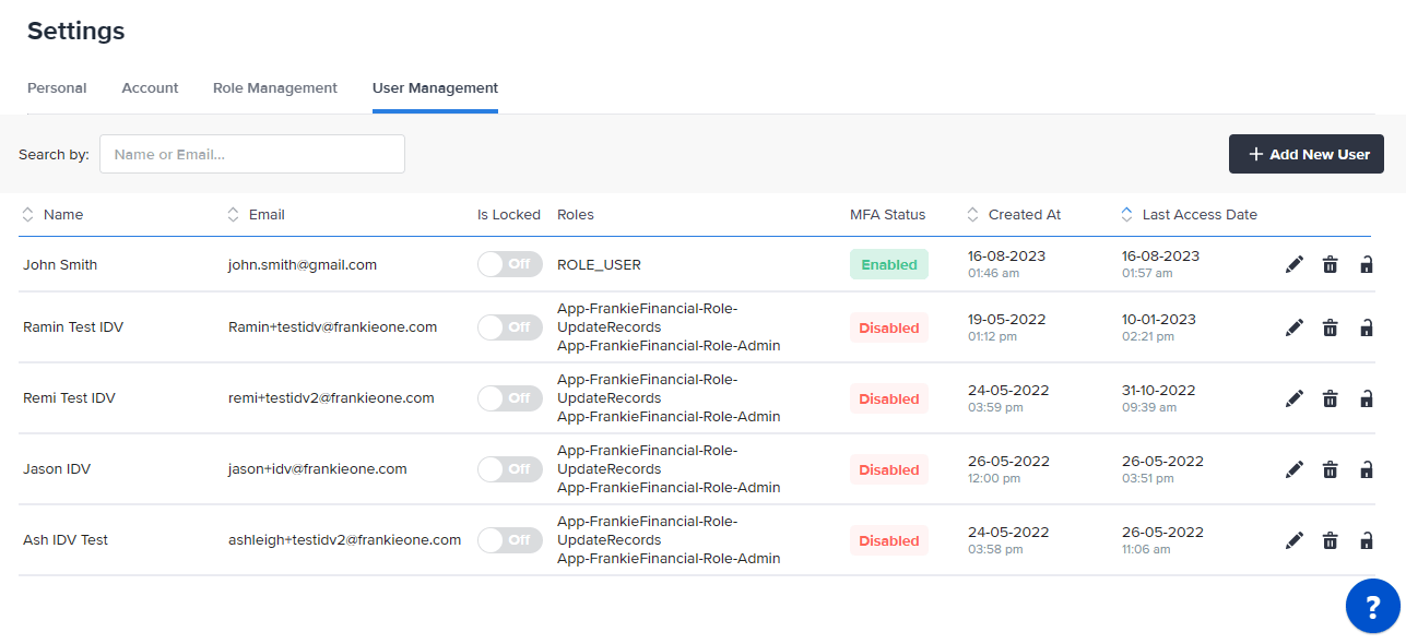 User Management tab in the Settings page.