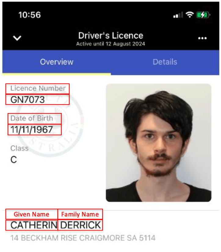 South Australia Digital Driver Licence sample – Overview Tab