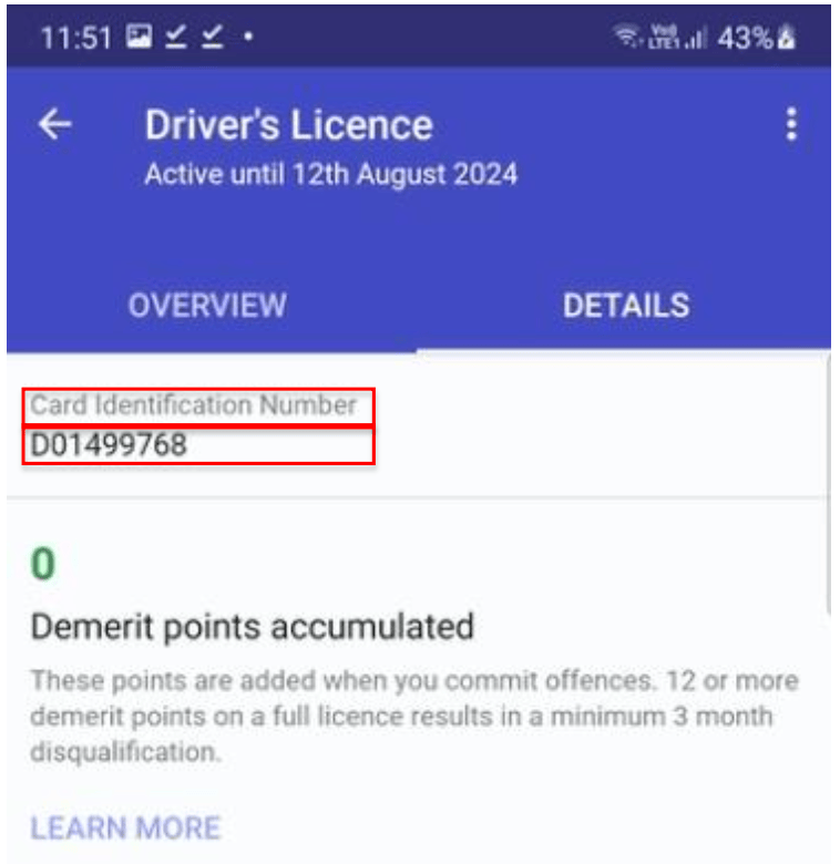 South Australia Digital Driver Licence sample – DetailsTab