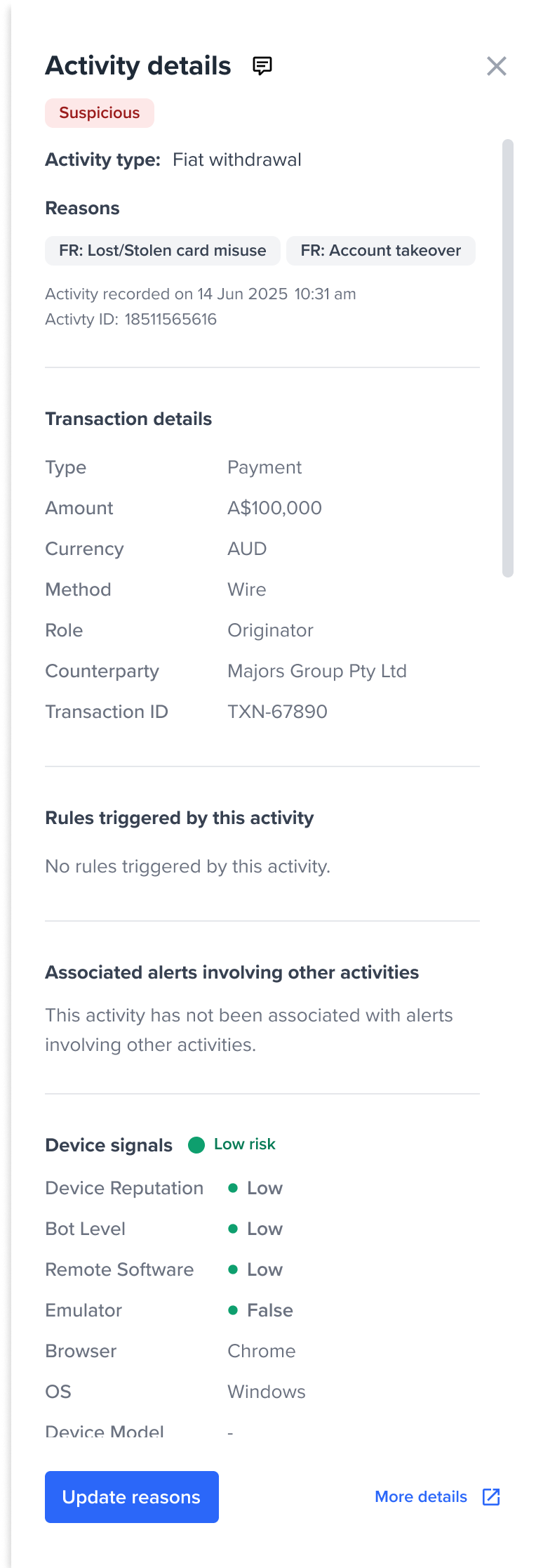 Activity details drawer showing Reasons applied to the activity