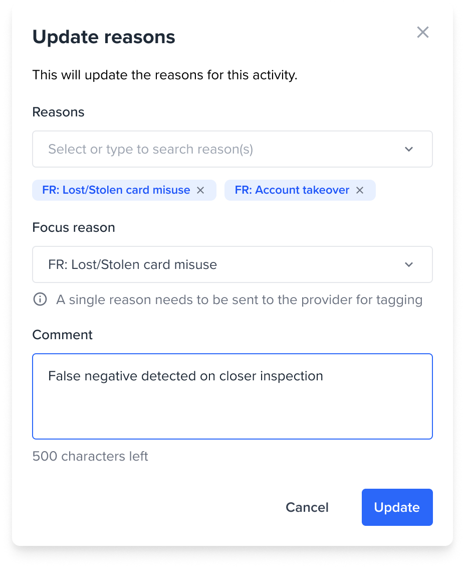 Selecting Reasons to classify an activity
