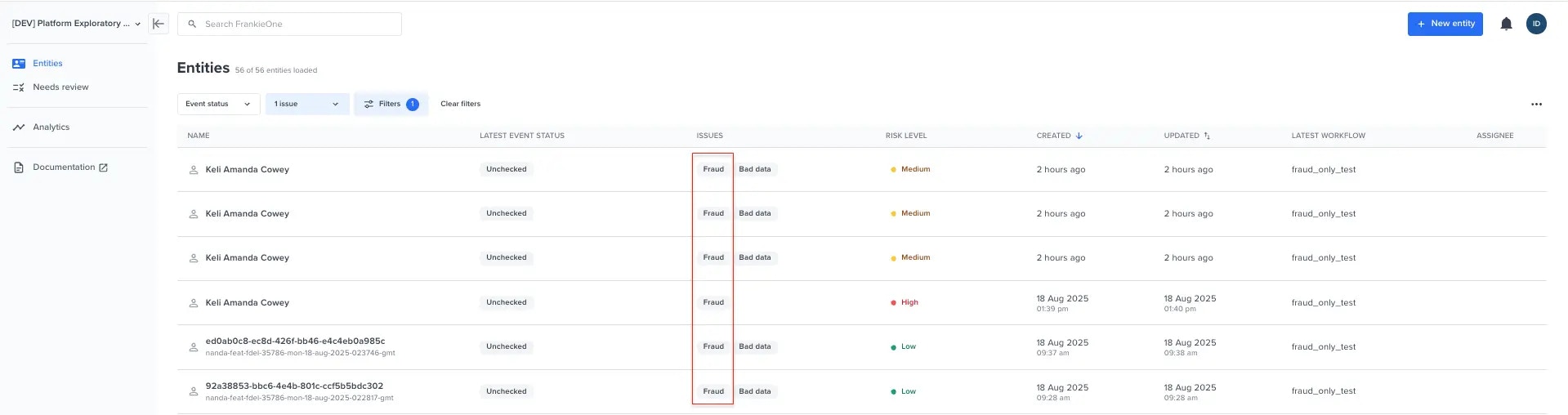 Filter the entities table for Fraud issues