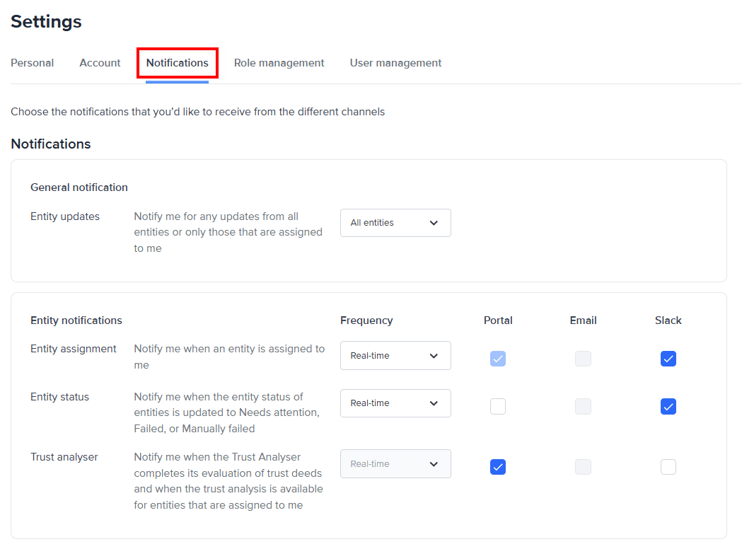 Notifications settings